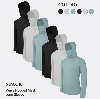 6-Pack Men's Lightweight Hoodie Pullover Set | UPF Sun Protection, Quick-Dry & Breathable | Long Sleeve with Face Mask | Multi-Occasion Casual Tops