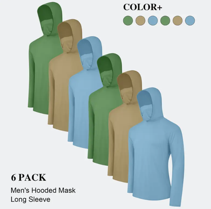 6-Pack Men's Lightweight Hoodie Pullover Set | UPF Sun Protection, Quick-Dry & Breathable | Long Sleeve with Face Mask | Multi-Occasion Casual Tops