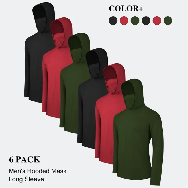 6-Pack Men's Lightweight Hoodie Pullover Set | UPF Sun Protection, Quick-Dry & Breathable | Long Sleeve with Face Mask | Multi-Occasion Casual Tops