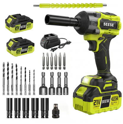 590 FT-LBS High Torque 3-in-1 Cordless Impact Wrench — 21V Dual Battery, LED Light, 9 Sockets & Carrying Case
